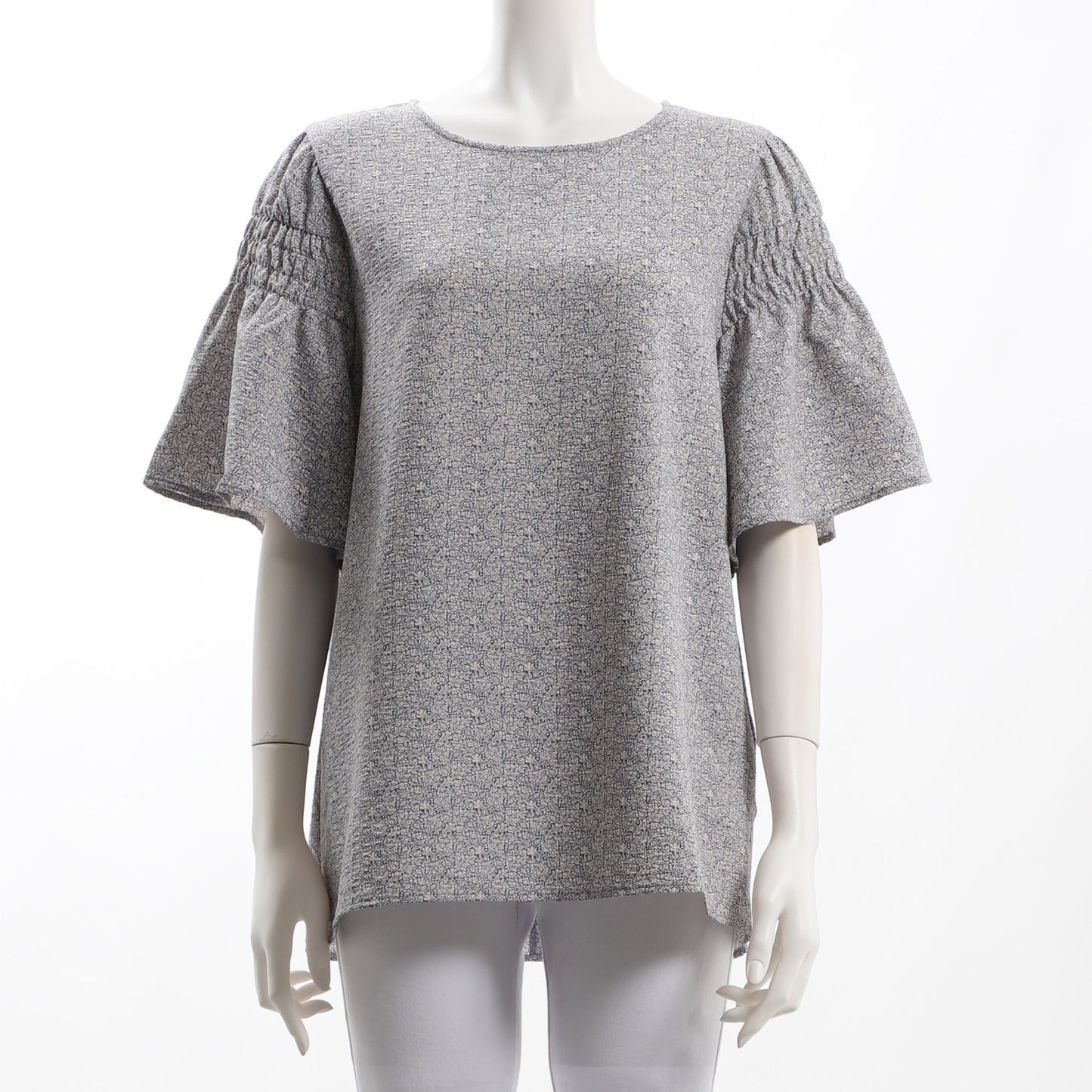 更沙フラワープリントシャーリングフレアスリーブブラウス