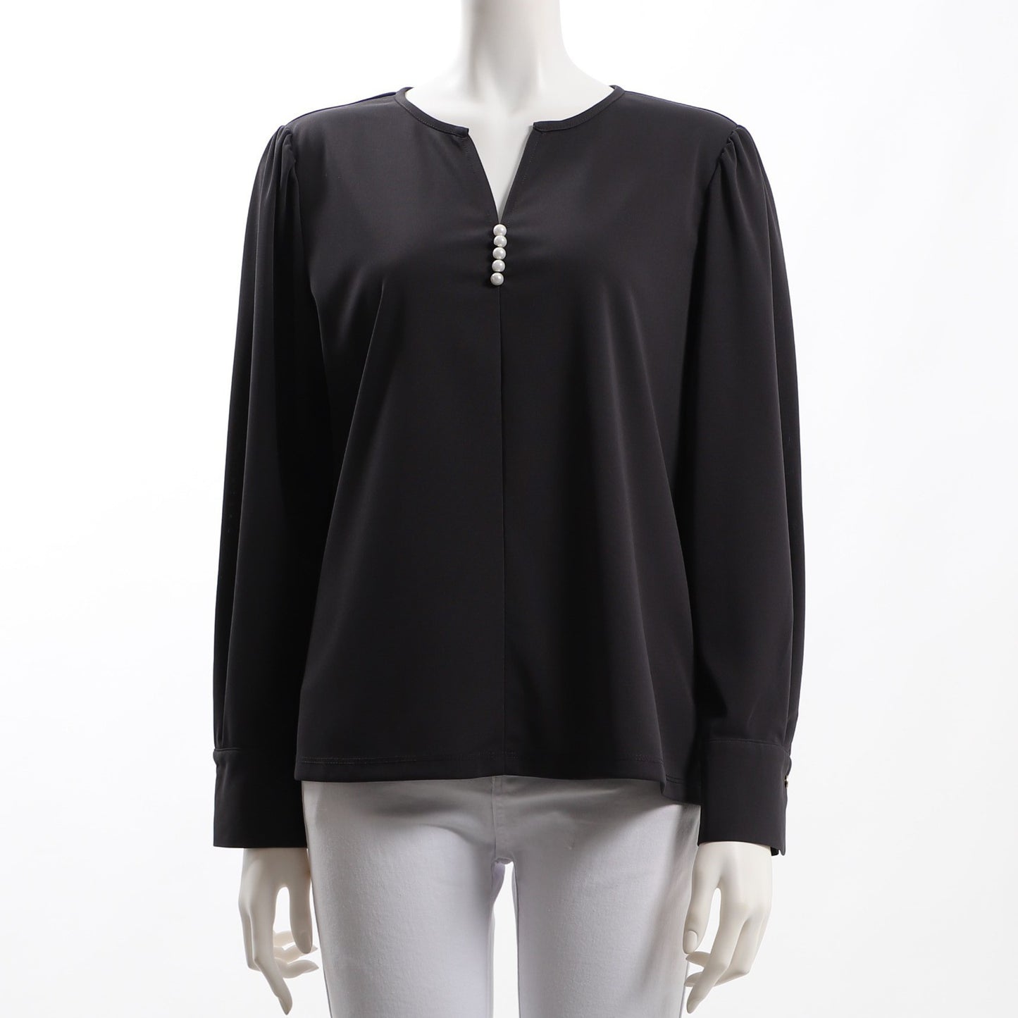 パール装飾オープンフロントネックブラウス