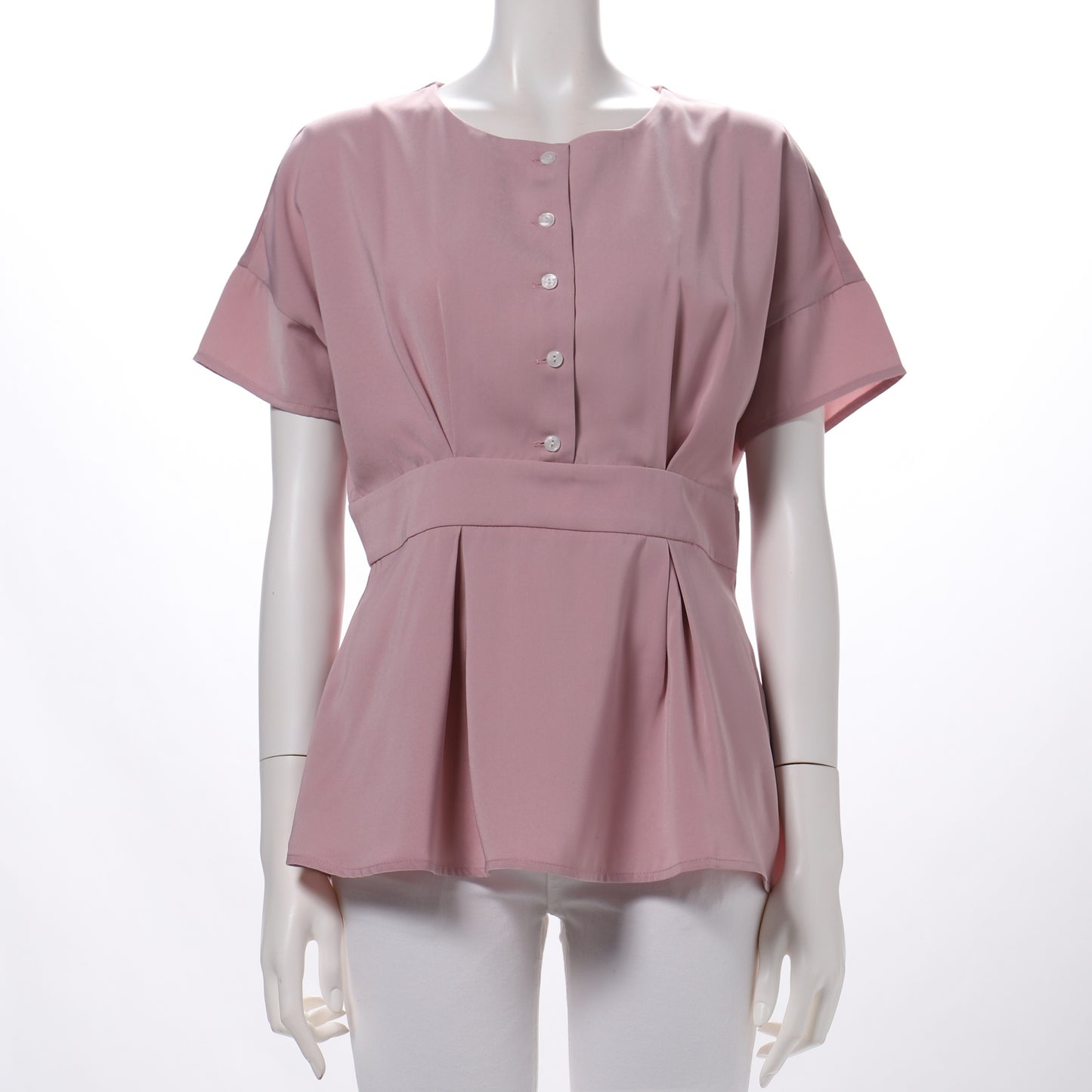 ペプラムデザインラウンドネックブラウス