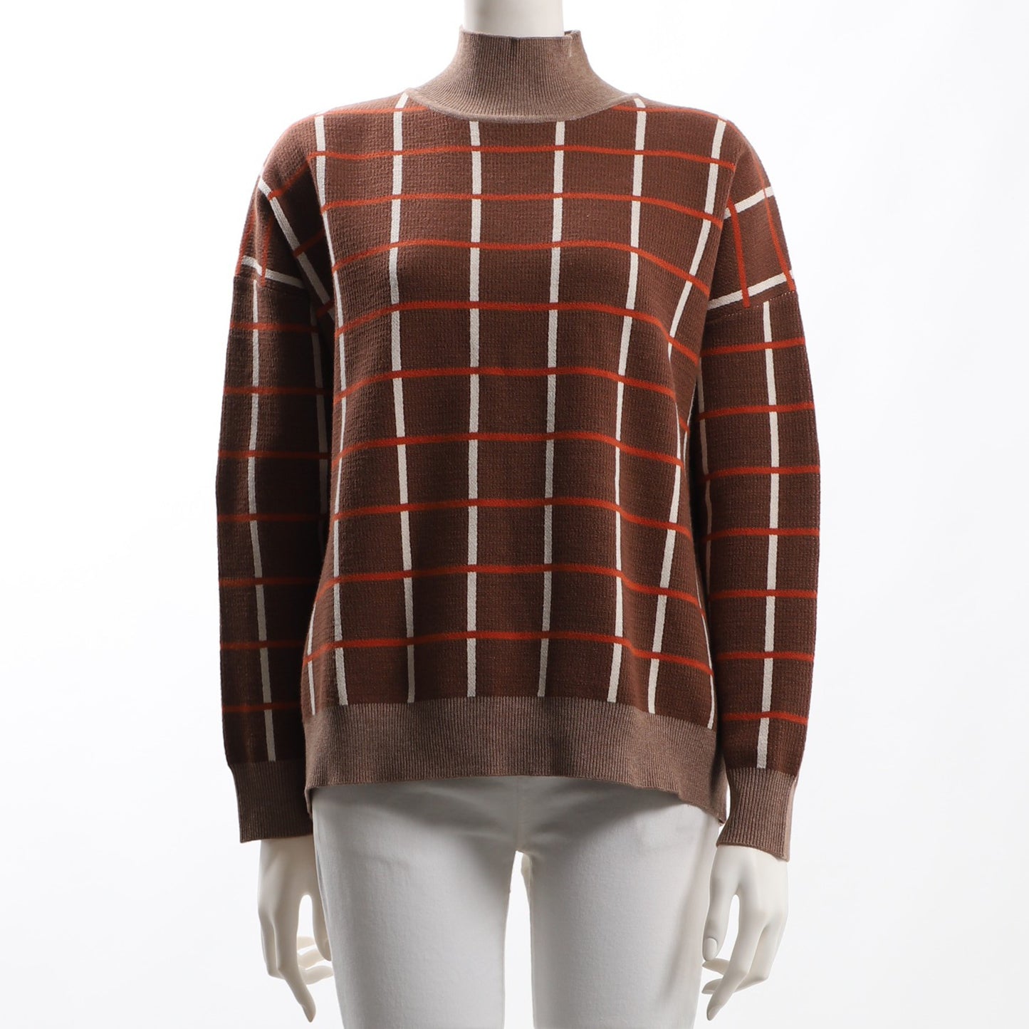 チェック柄ハイネックニット