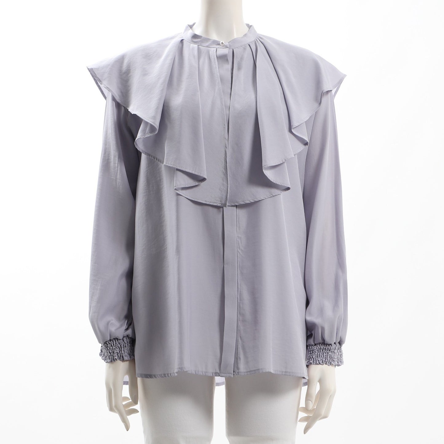 パールボタンフリルカラーブラウス