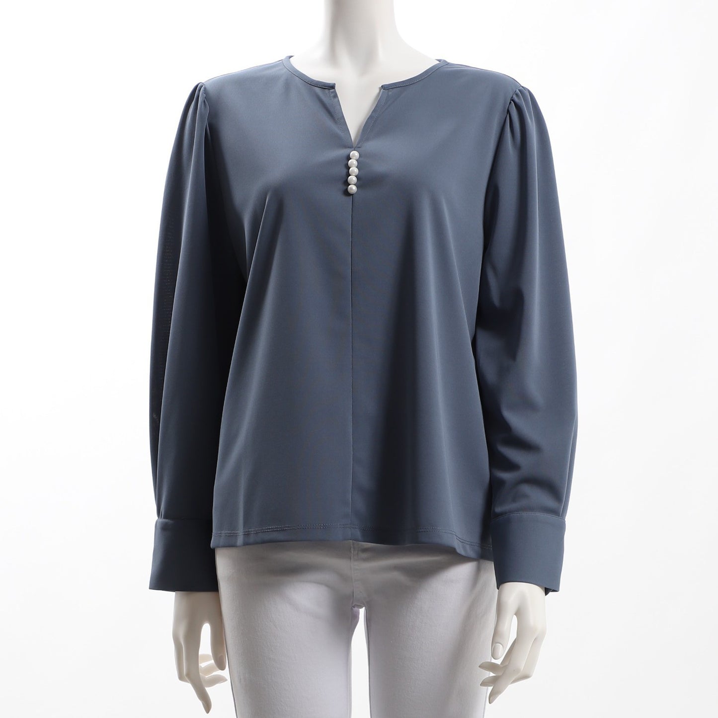 パール装飾オープンフロントネックブラウス
