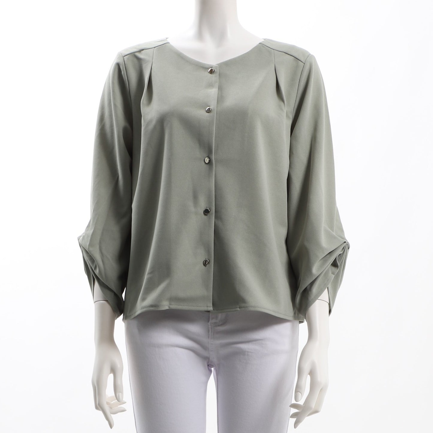 袖シャーリングフロントボタンブラウス