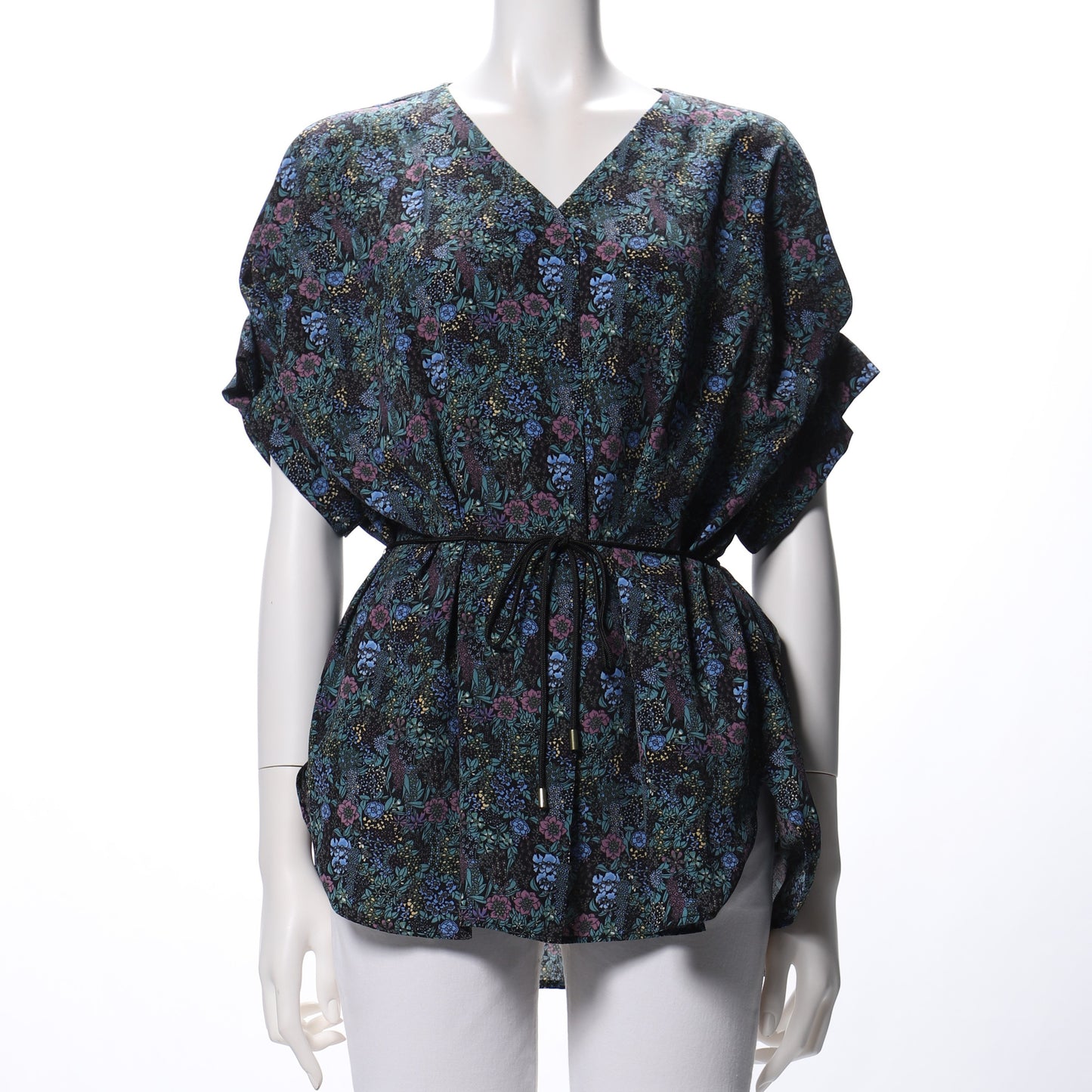 ダークフラワープリントリボンベルト付きブラウス