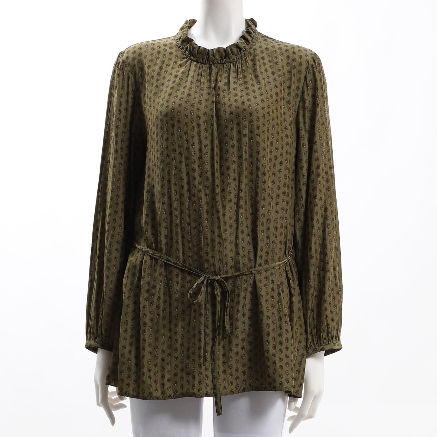 ウエストリボンフリルネック総柄ブラウス