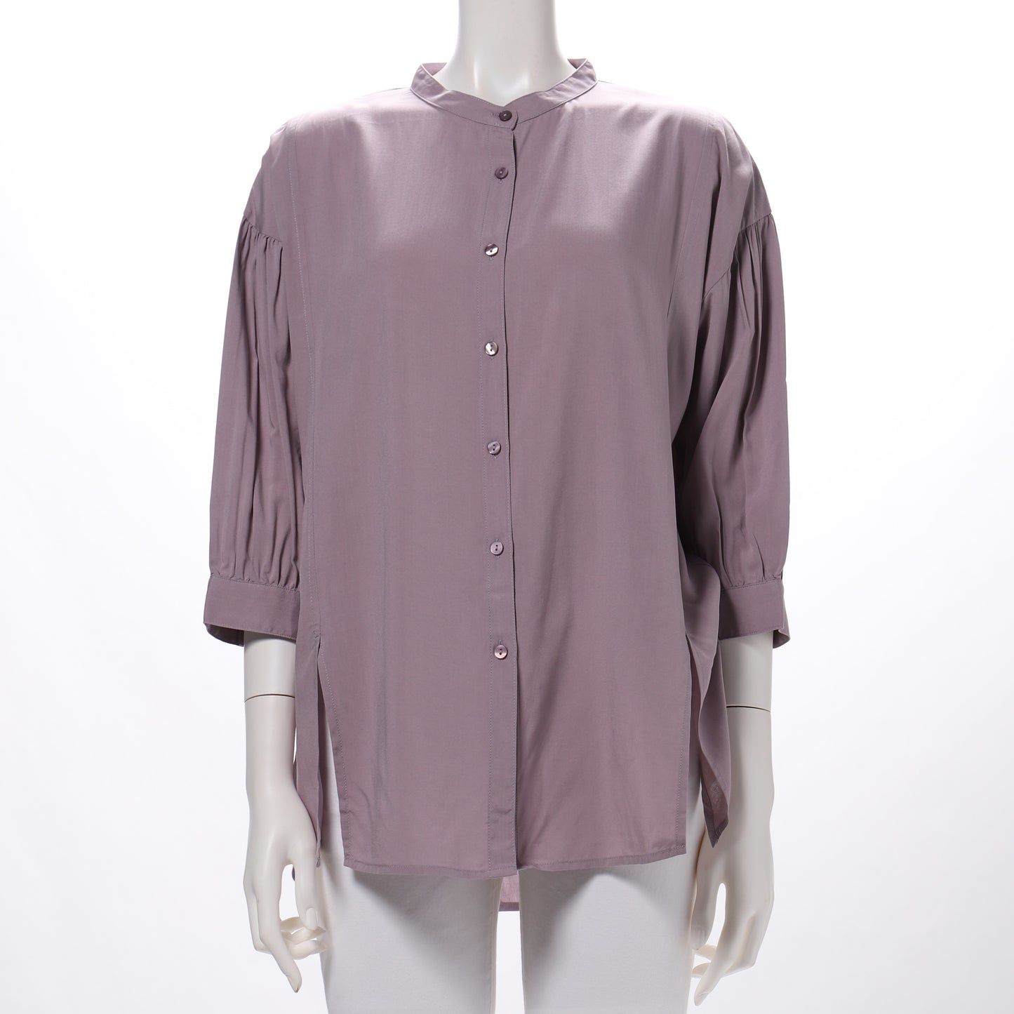 ゆったりデザイン前開きバンドカラーシャツ