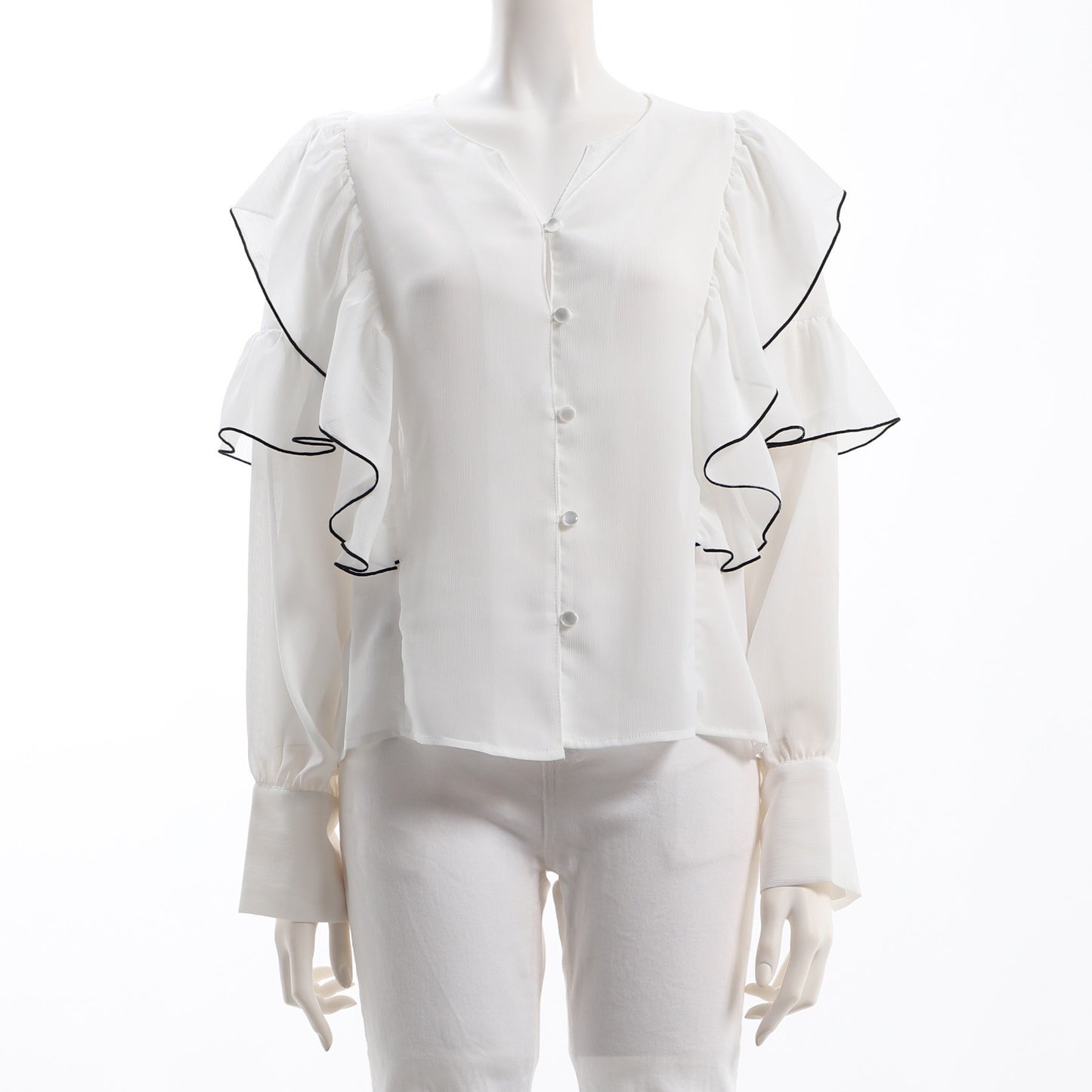 透け感ラッフルスリーブフロントボタンブラウス