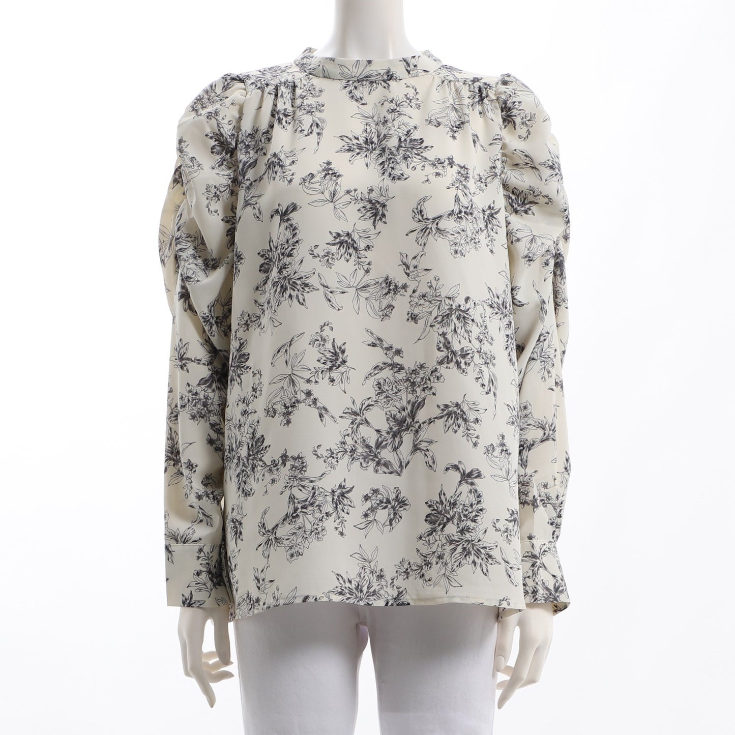 パワショルデザインフラワープリントスタンドカラーブラウス