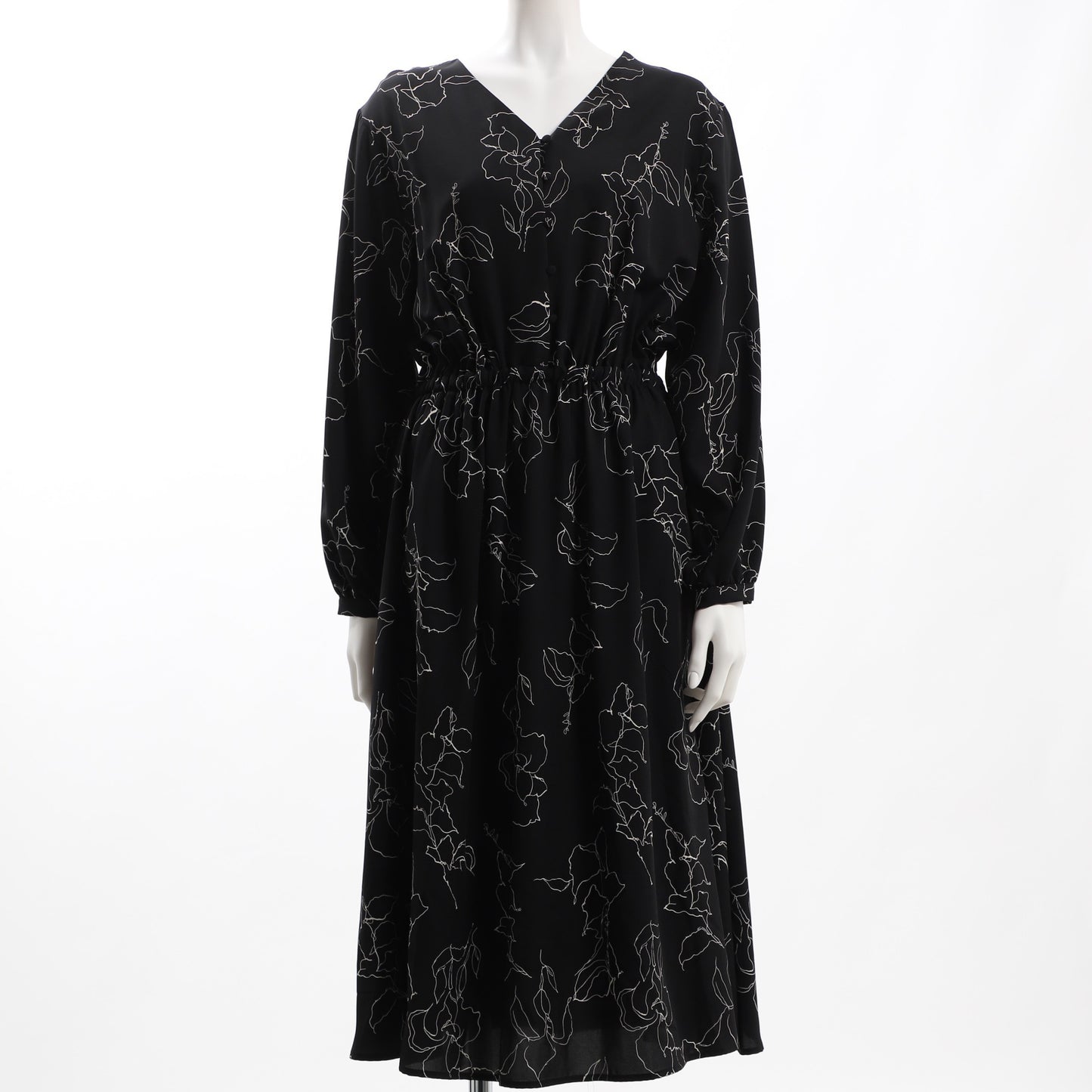 Vネック線画フラワーワンピース