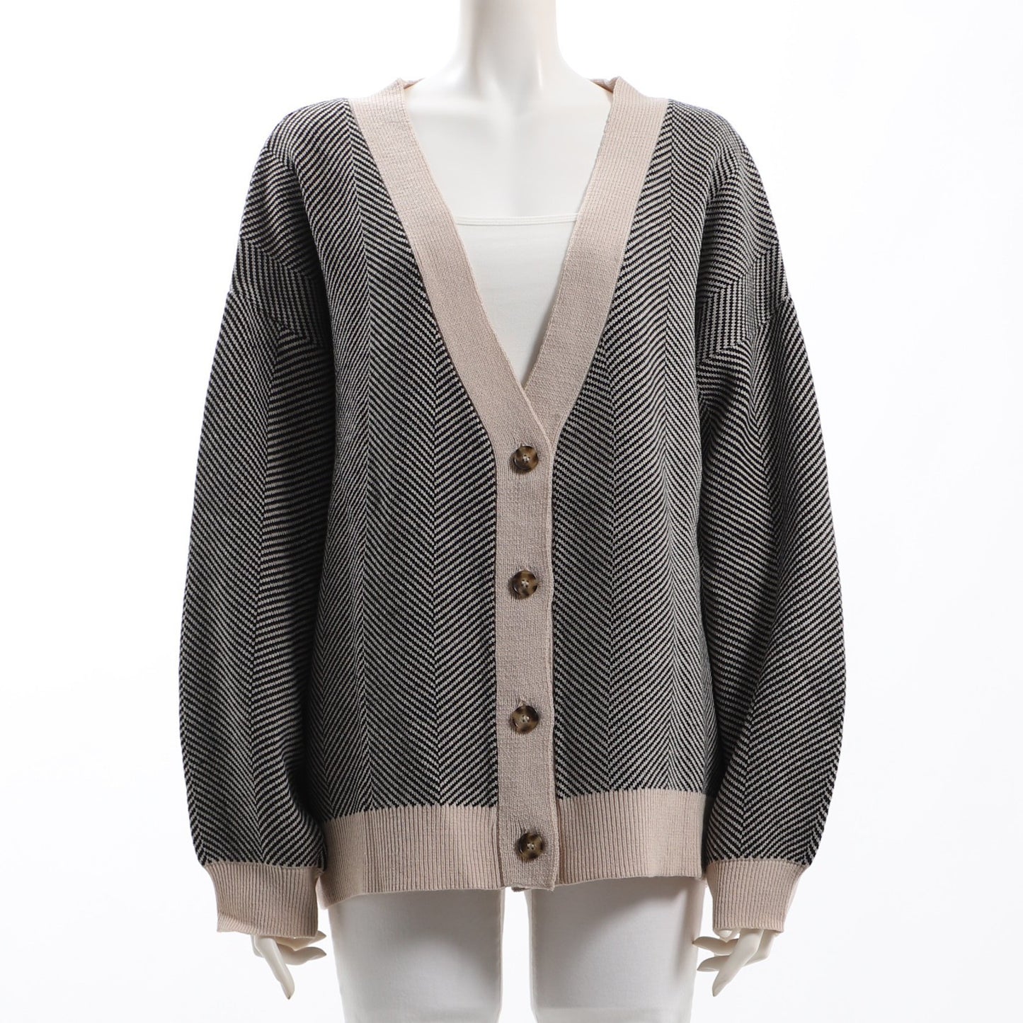 ヘリンボーン柄Vネックカーディガン
