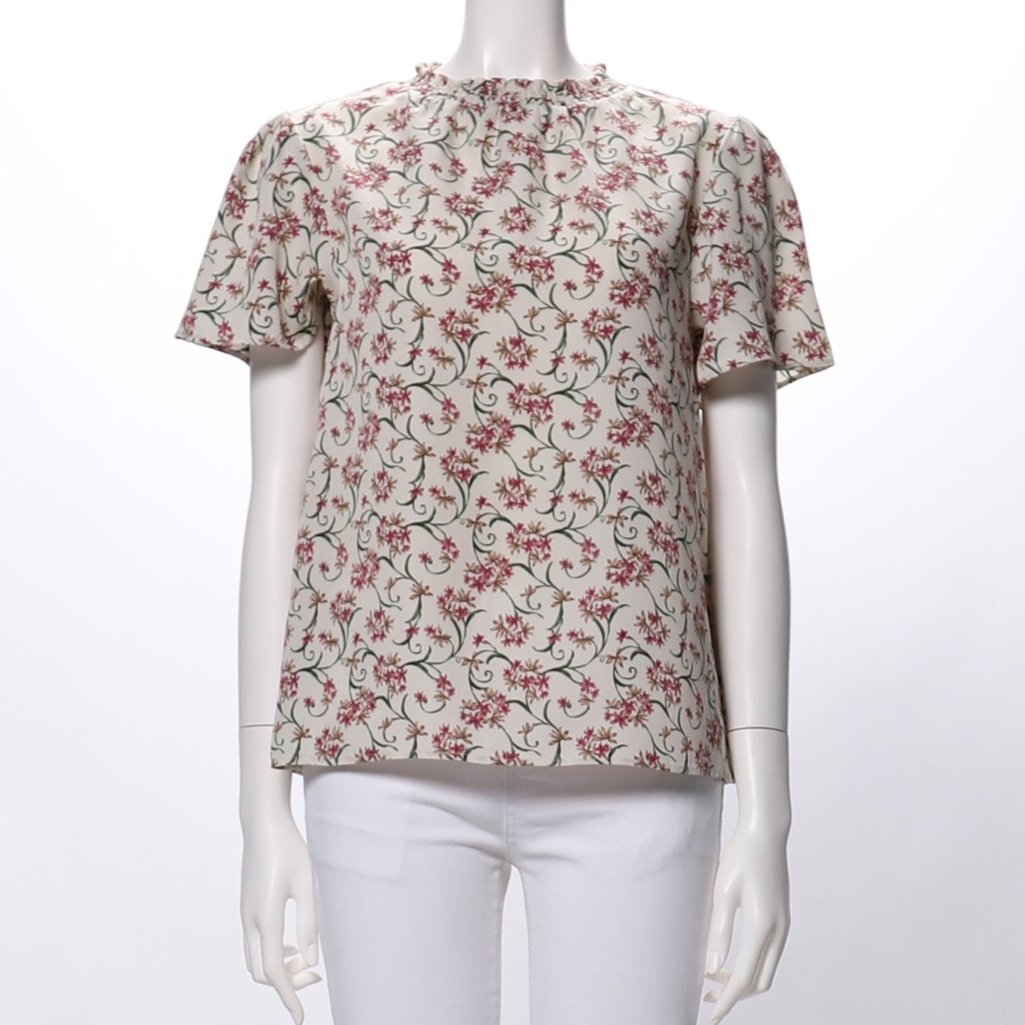 衿シャーリング花柄ブラウス