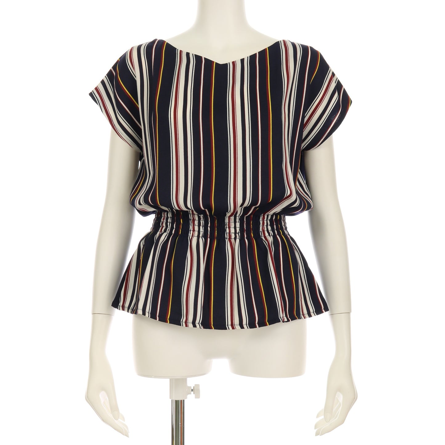 切り替えウエストシャーリングストライプ柄ペプラムブラウス