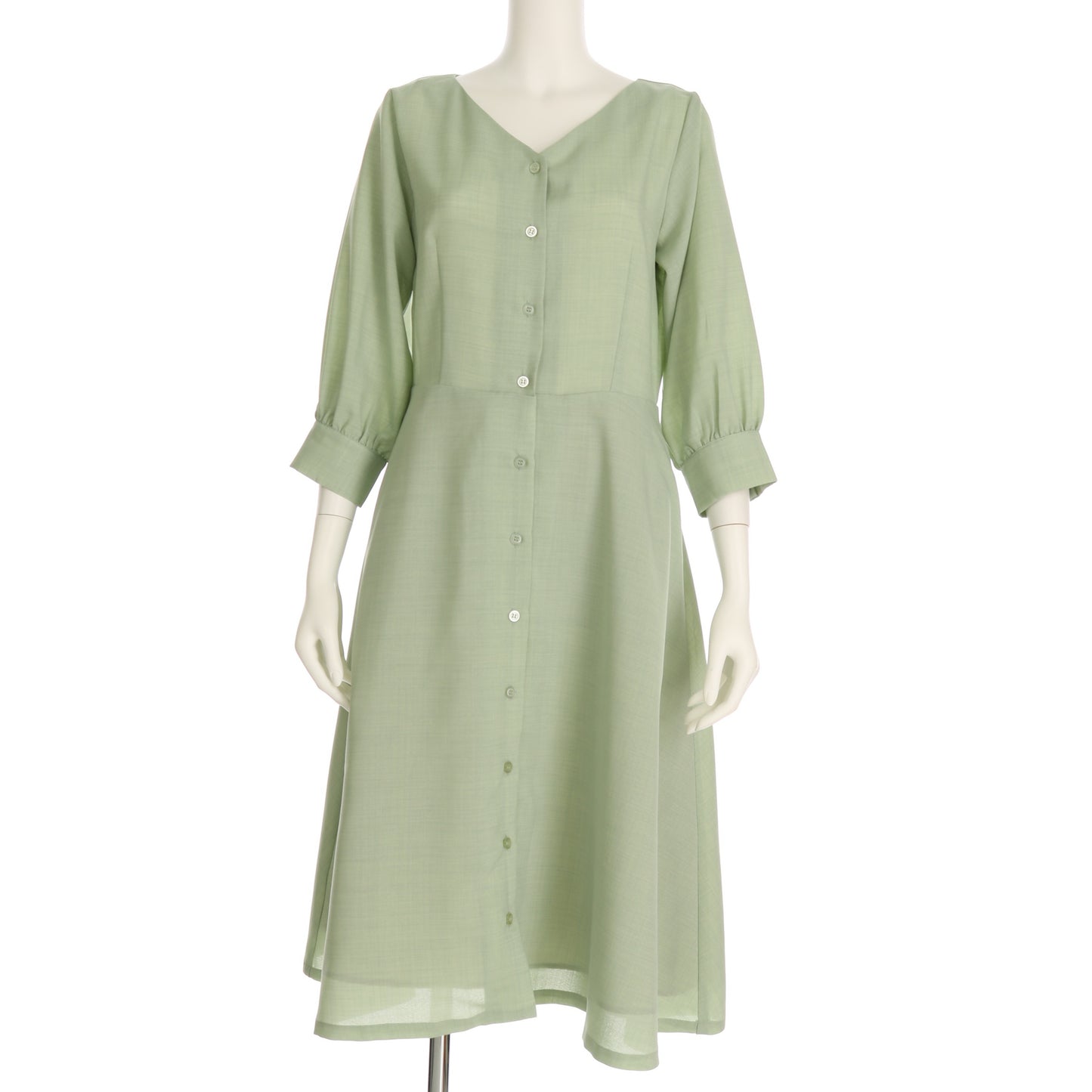 リネン調フロントボタンVネックワンピース