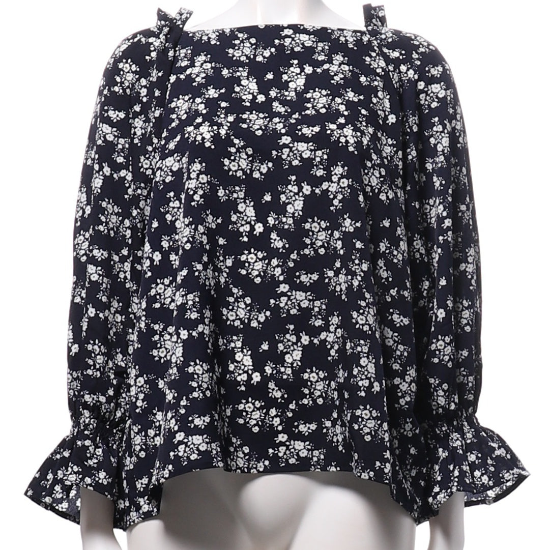 肩フリルバックボタン花柄ブラウス