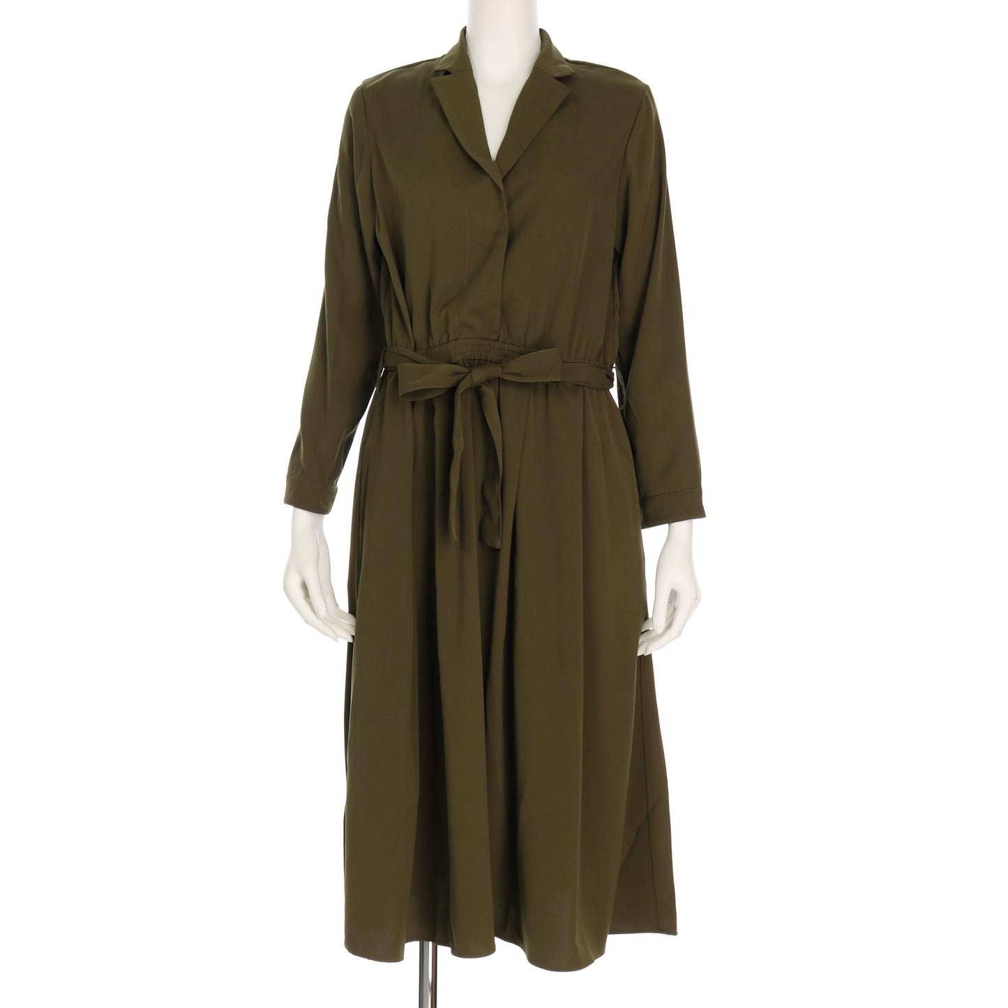 オープンカラーロンベルト付きワンピース