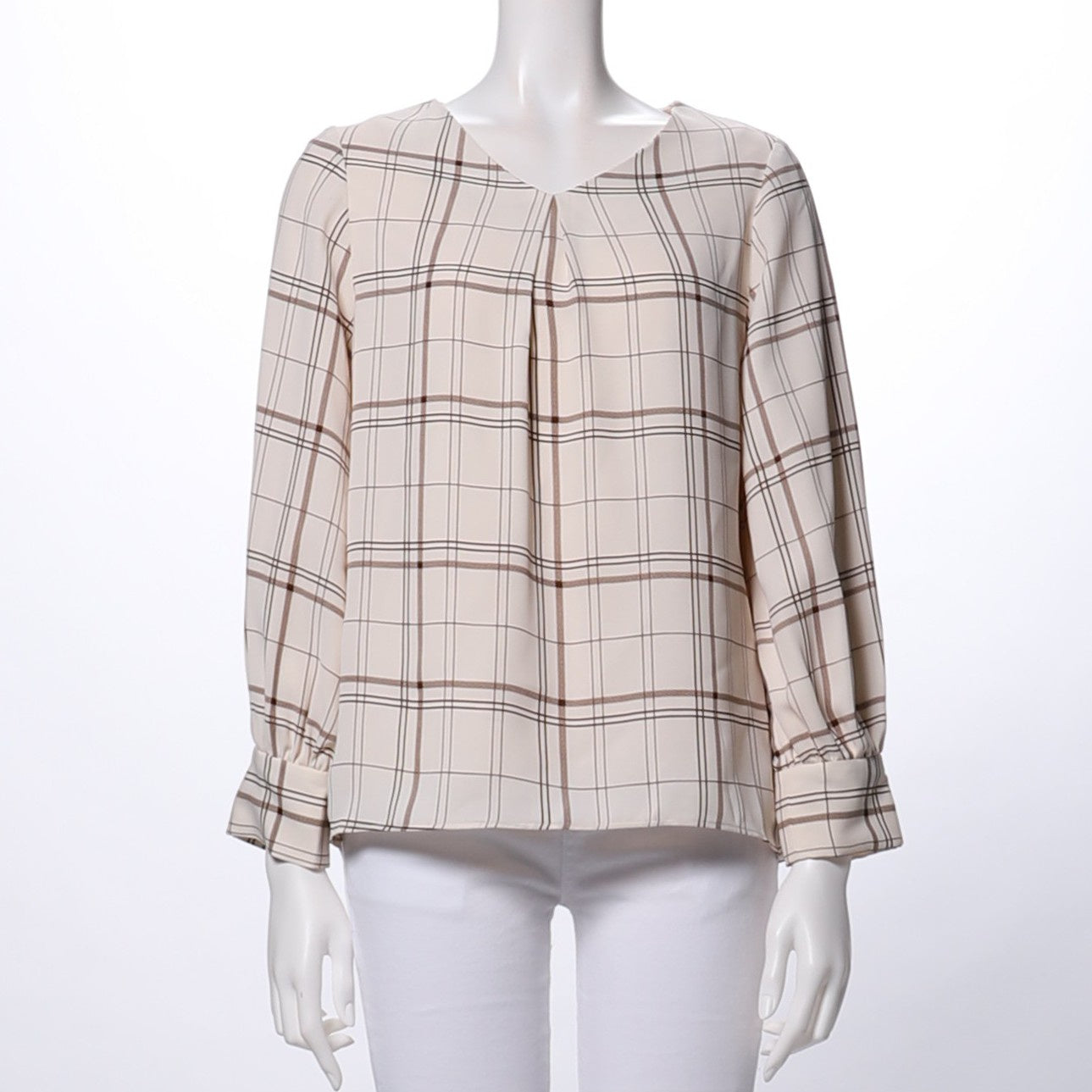 チェック柄Vネックブラウス