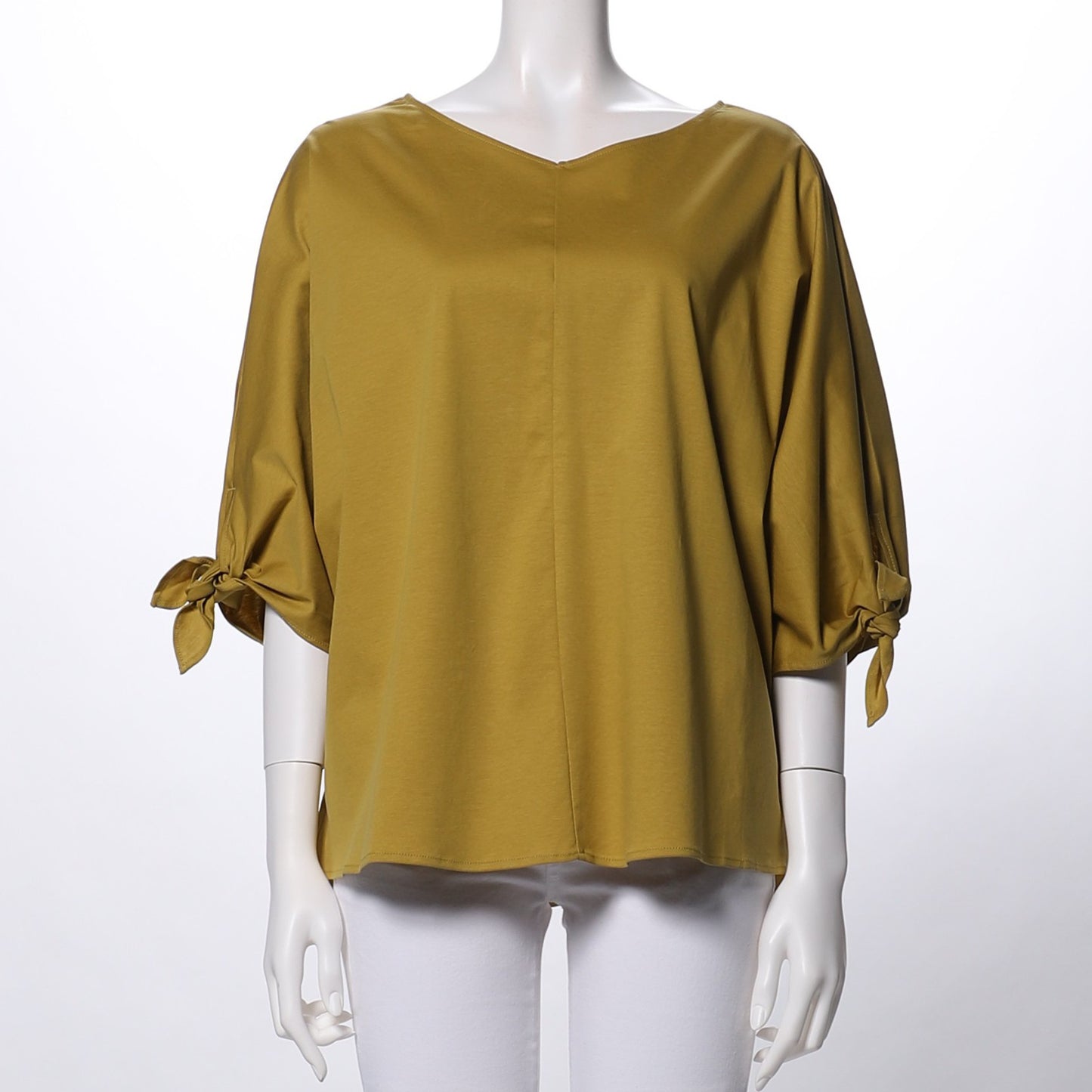 シルケットスムース袖リボンVネックカットソー