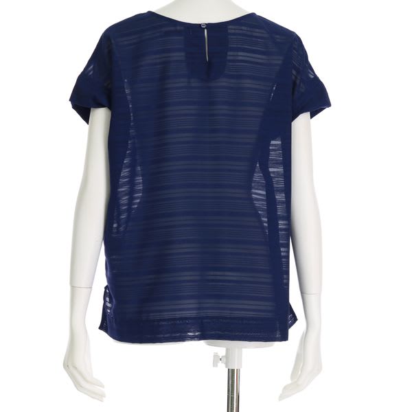 ボーダー透け感ラウンドネックブラウス