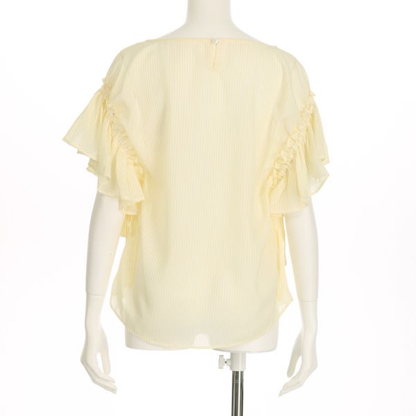 ギャザー袖リボン結びストライプ柄ブラウス