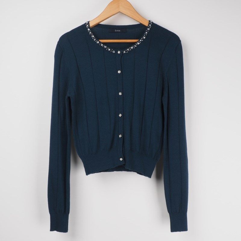 ネックラインビジューリブニットカーディガン