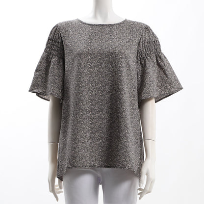 更沙フラワープリントシャーリングフレアスリーブブラウス