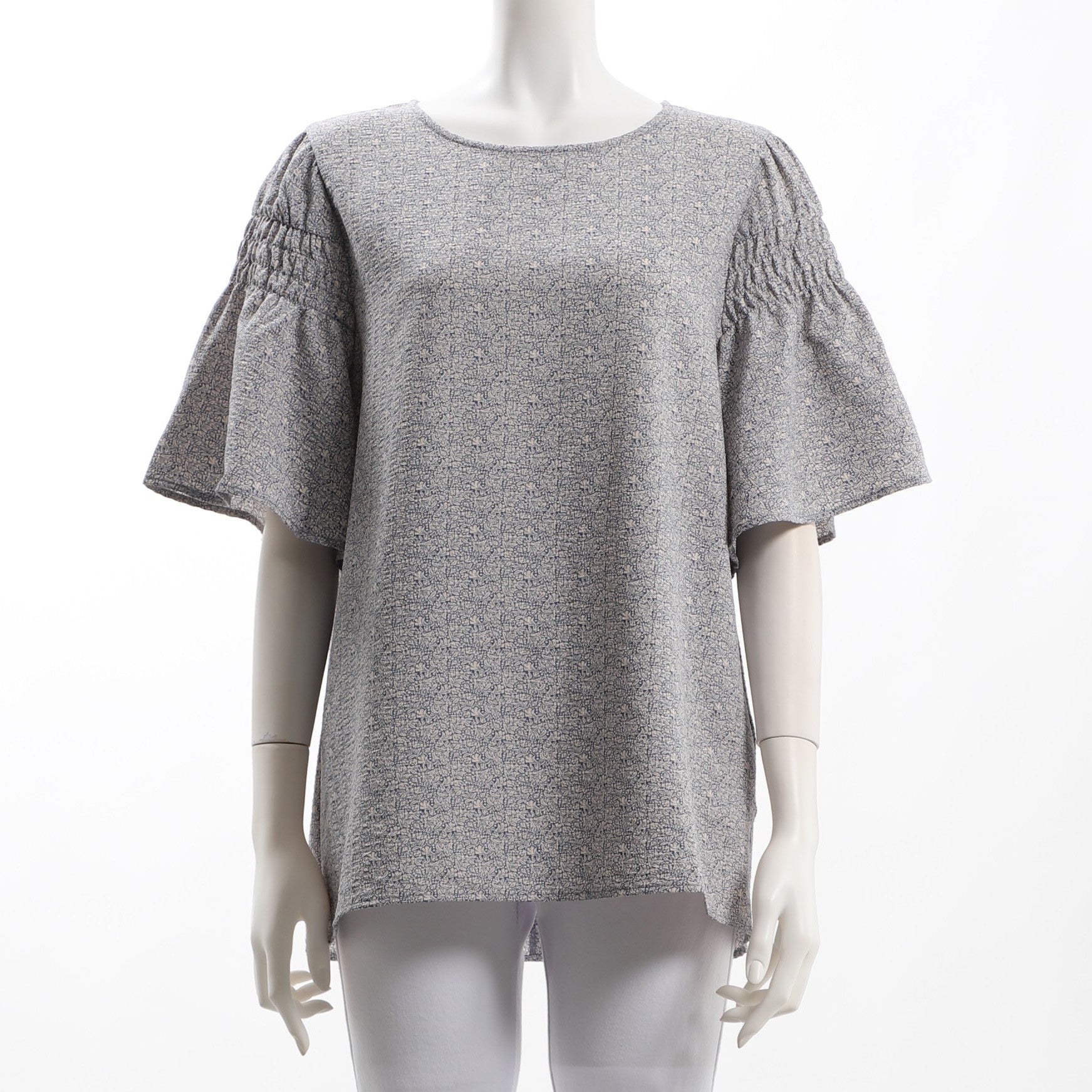 更沙フラワープリントシャーリングフレアスリーブブラウス