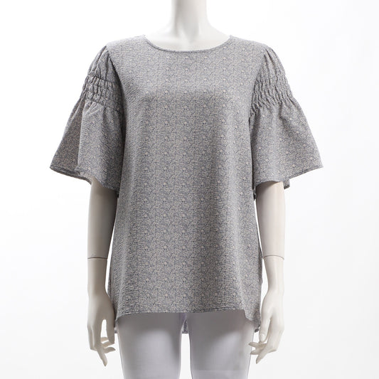 更沙フラワープリントシャーリングフレアスリーブブラウス