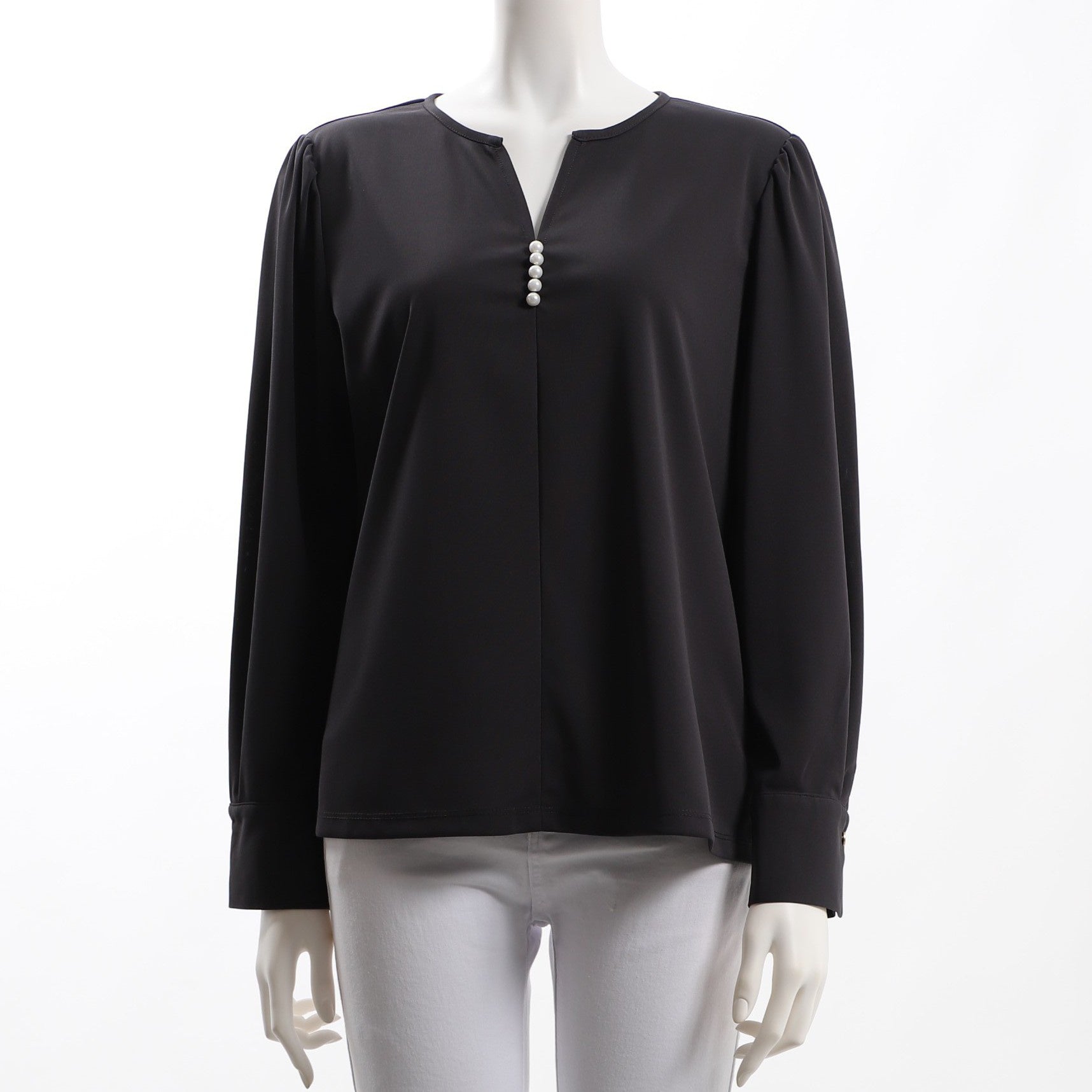 パール装飾オープンフロントネックブラウス