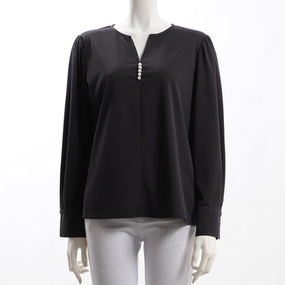 パール装飾オープンフロントネックブラウス