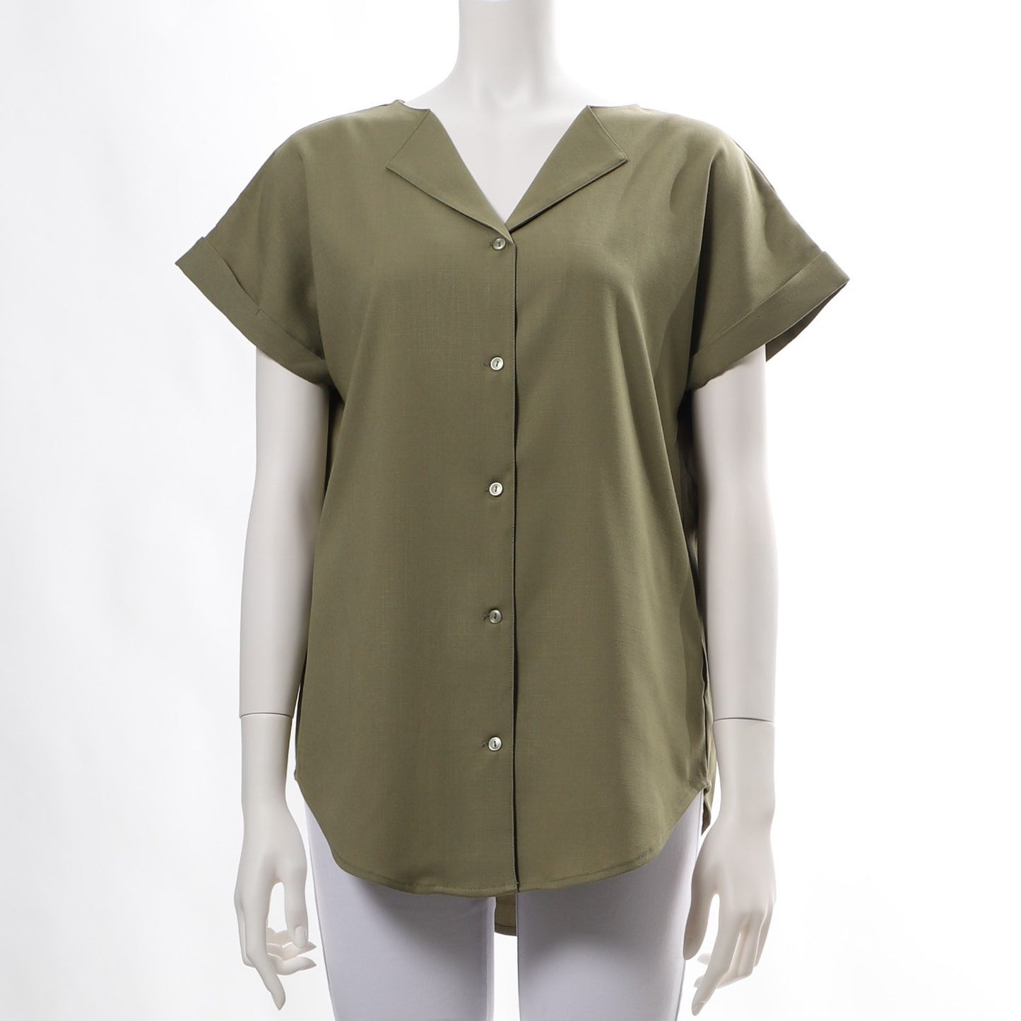 リネンライクオープンフロントネックブラウス