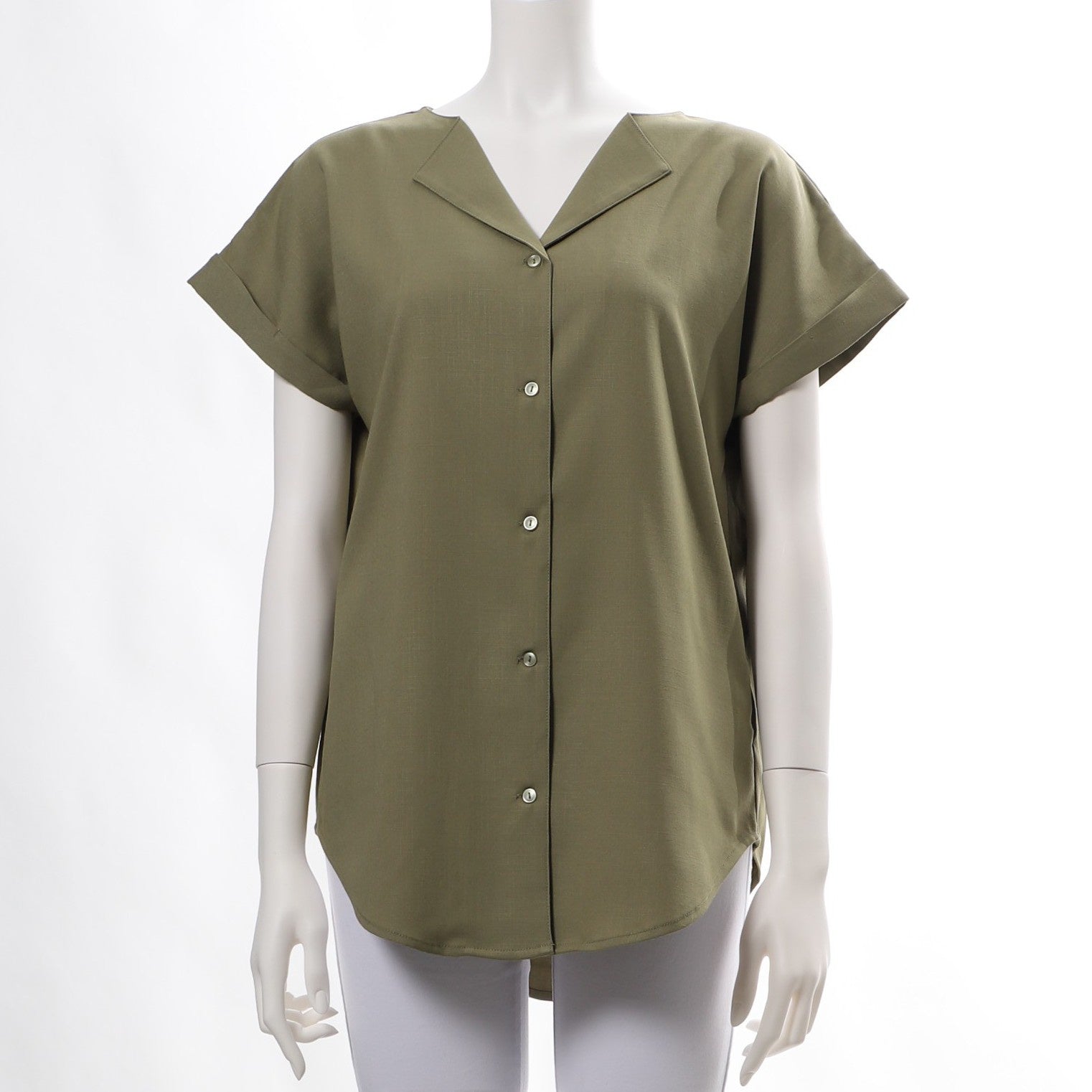 リネンライクオープンフロントネックブラウス