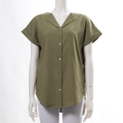 リネンライクオープンフロントネックブラウス