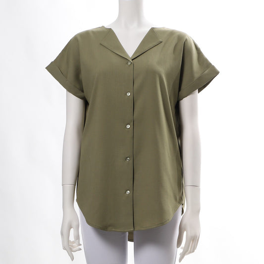 リネンライクオープンフロントネックブラウス