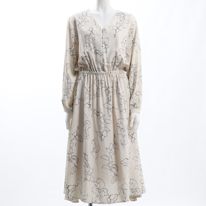 Vネック線画フラワーワンピース