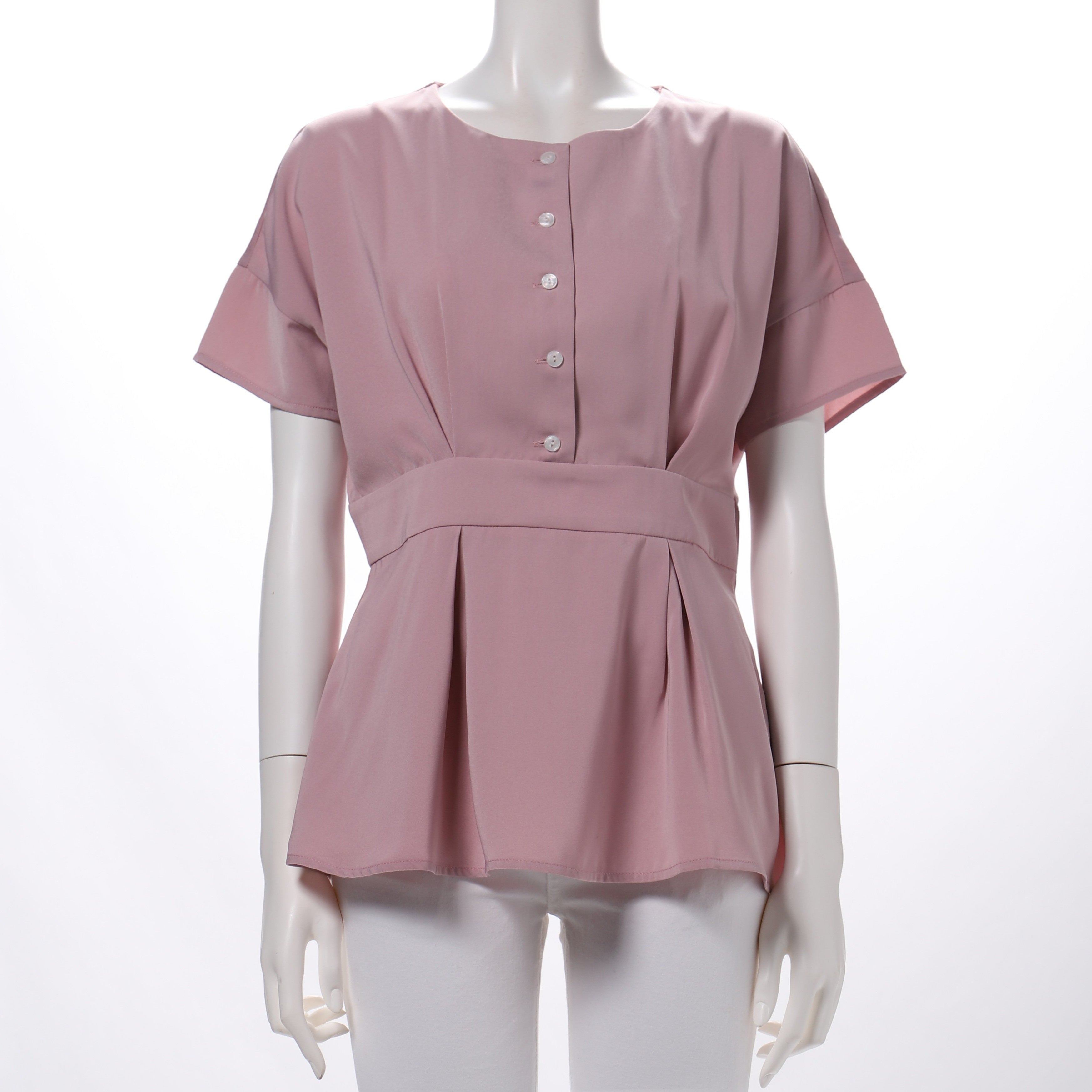 ペプラムデザインラウンドネックブラウス