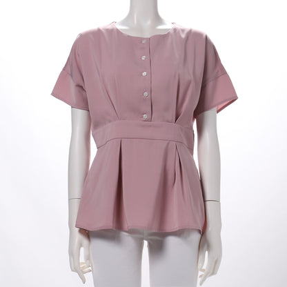 ペプラムデザインラウンドネックブラウス