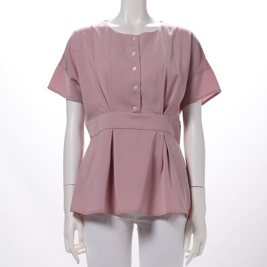 ペプラムデザインラウンドネックブラウス