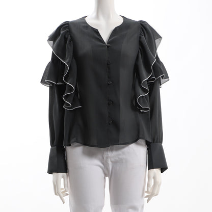 透け感ラッフルスリーブフロントボタンブラウス