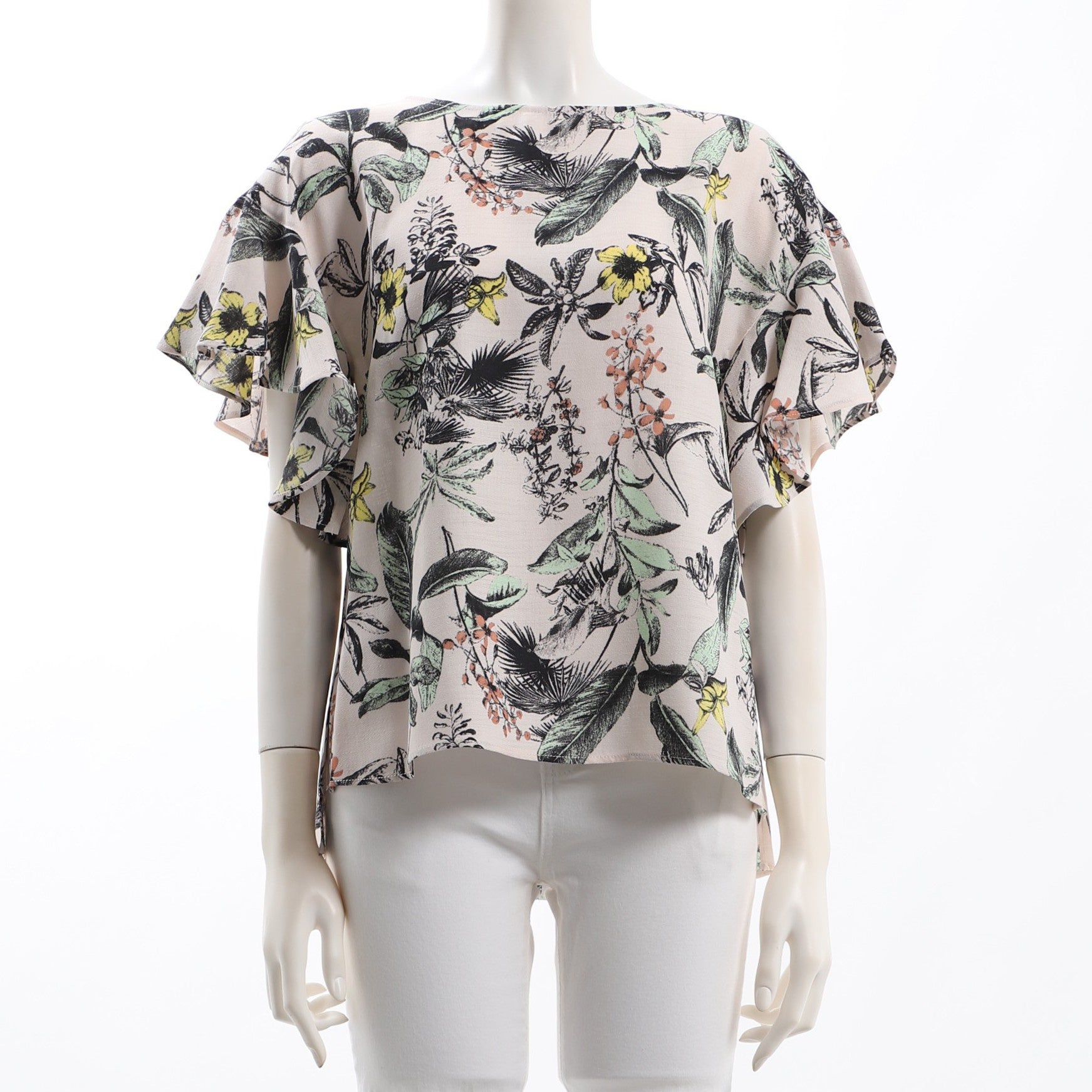 麻調パームツリープリントフレアスリーブブラウス