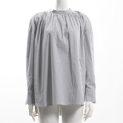 ストライプ柄バックボタンブラウス