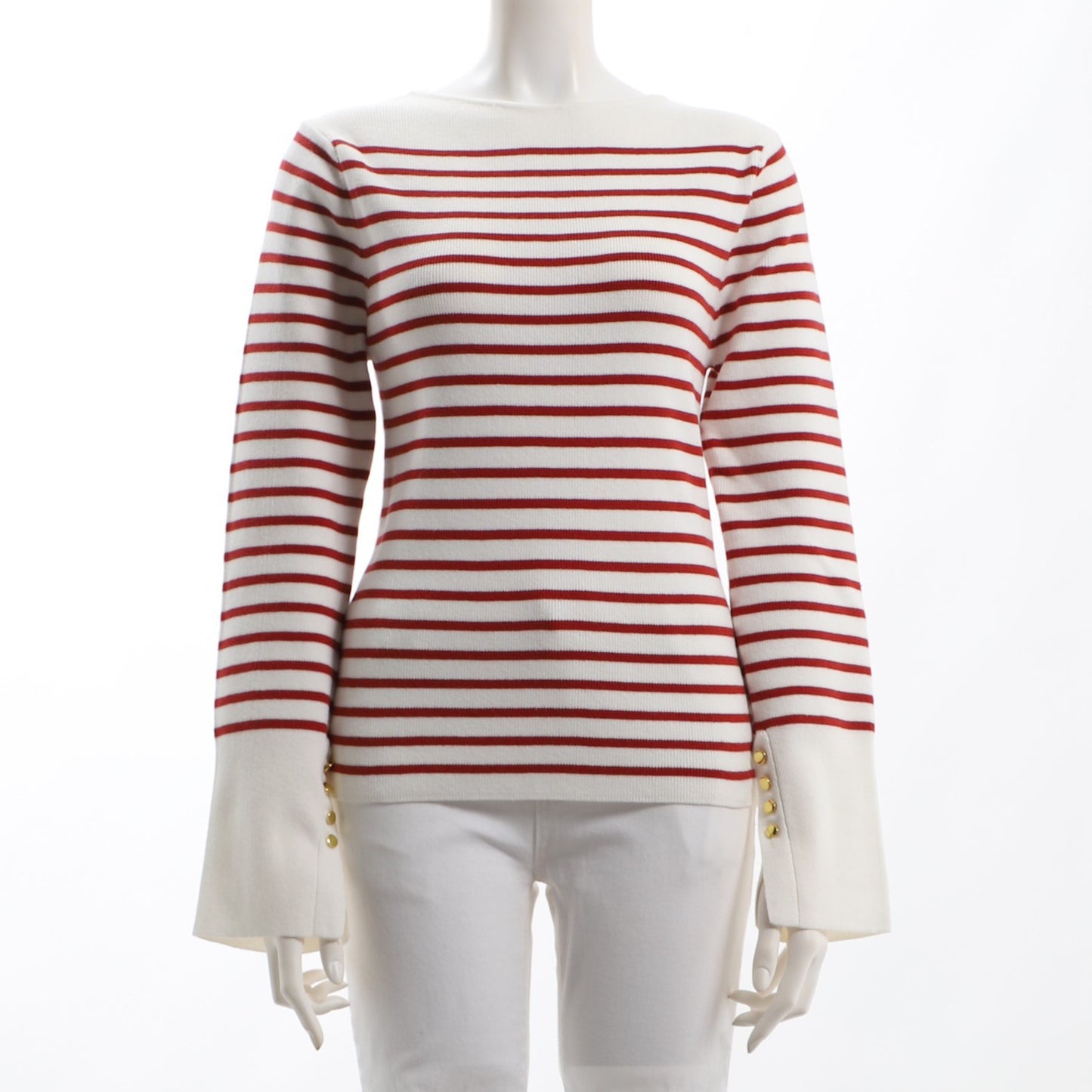 スリットゴールドボタンボーダー柄リブニット