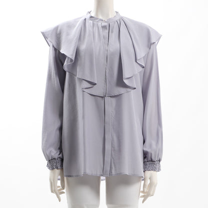 パールボタンフリルカラーブラウス