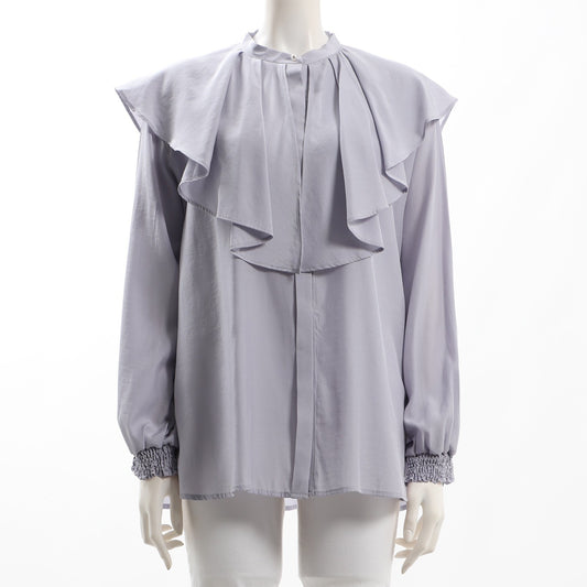 パールボタンフリルカラーブラウス