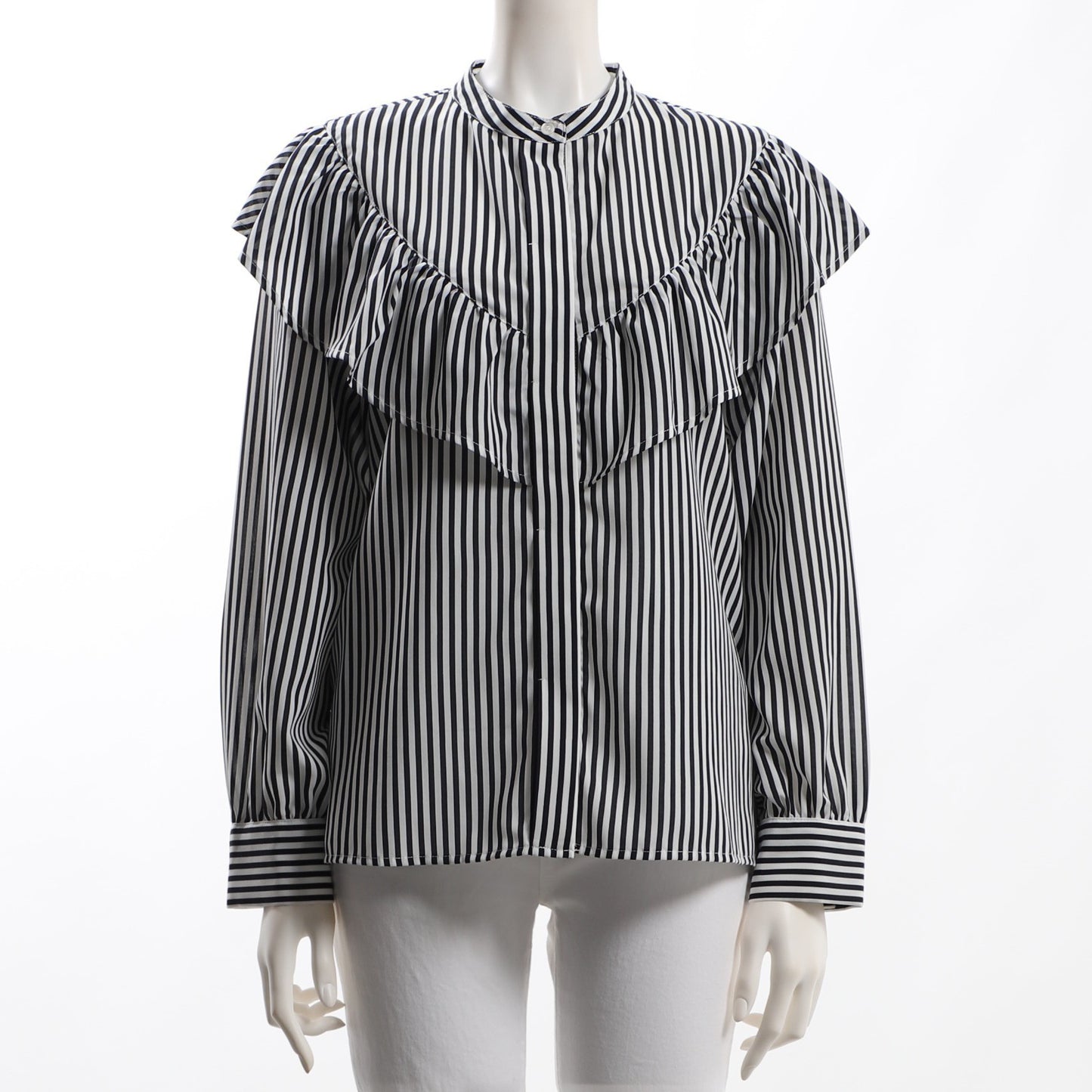 ストライプ柄前開きフリルブラウス