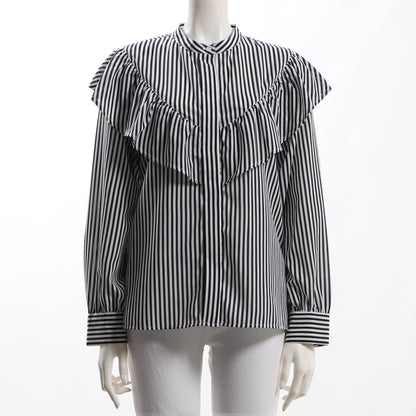 ストライプ柄前開きフリルブラウス