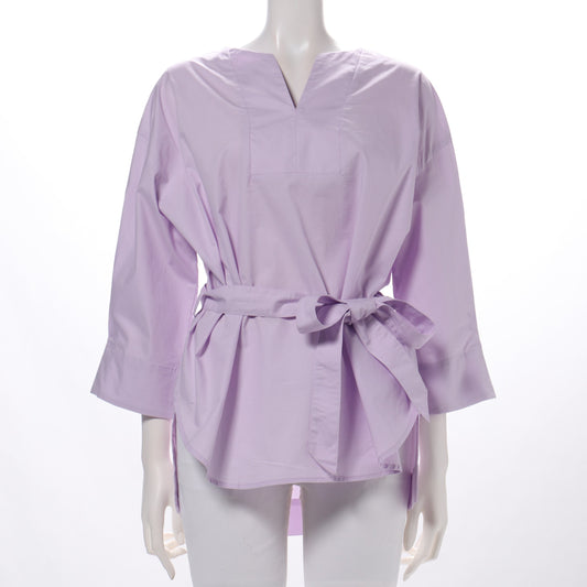 ウエストリボンベルト付きオープンフロントネックブラウス