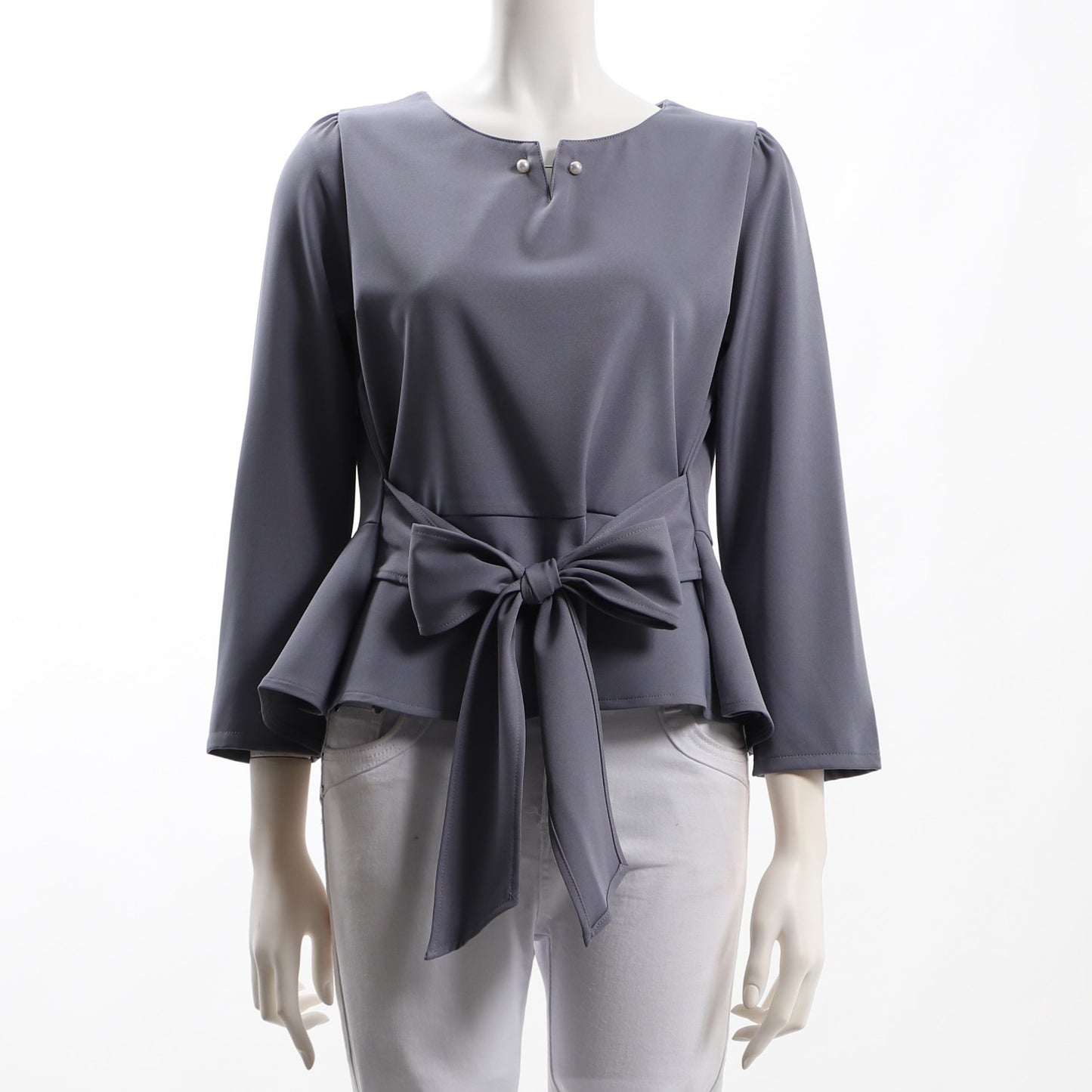 パールネックラインウエストリボンペプラムブラウス