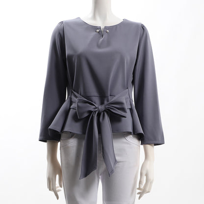 パールネックラインウエストリボンペプラムブラウス