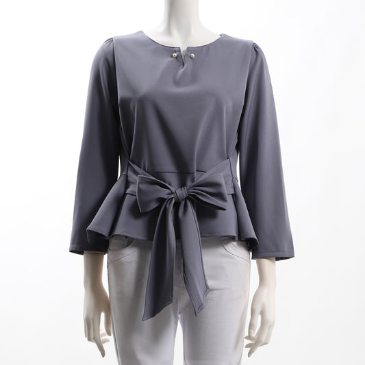 パールネックラインウエストリボンペプラムブラウス