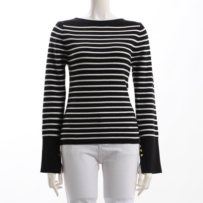 スリットゴールドボタンボーダー柄リブニット